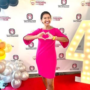 Trina Turk sheath in Barbie Pink.